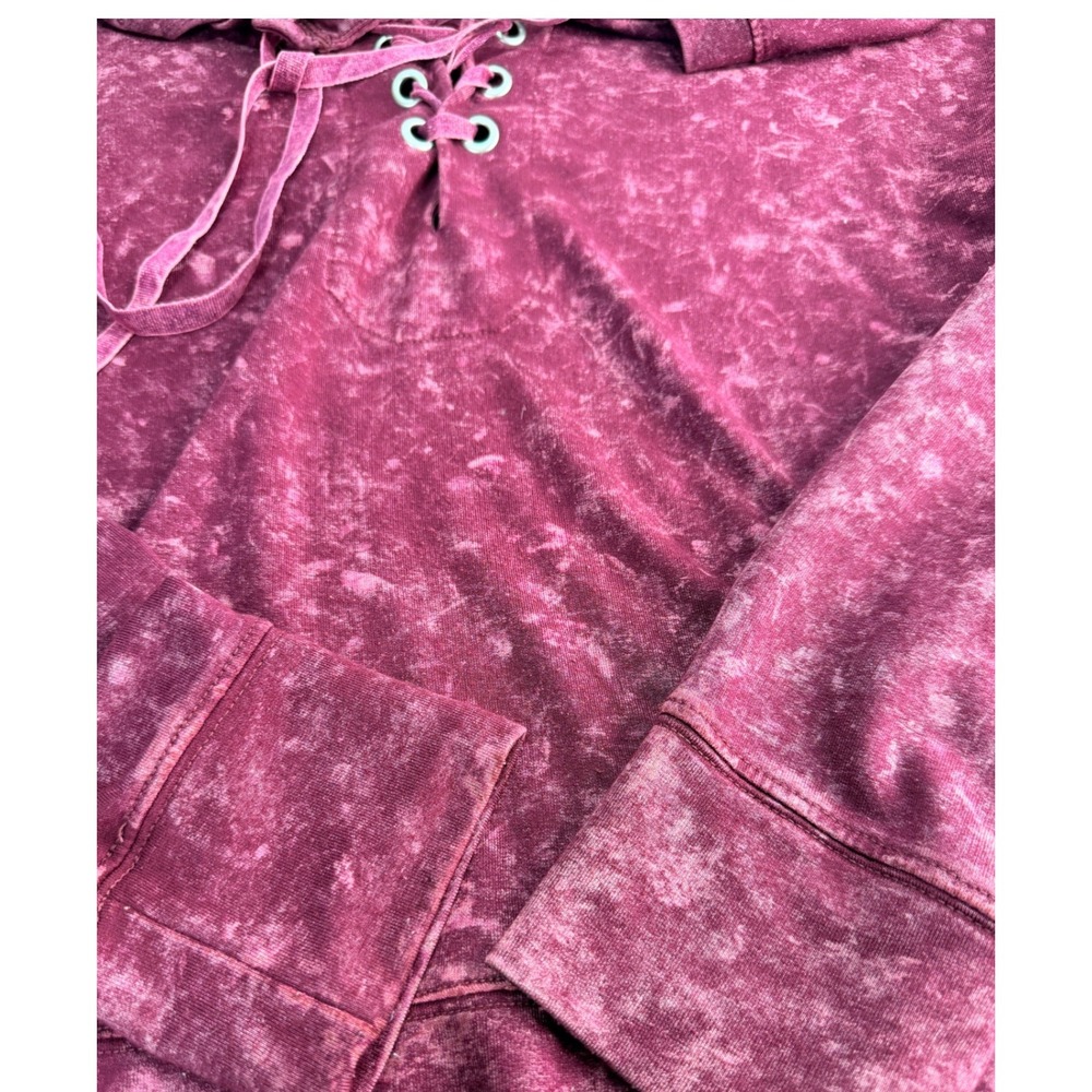 Mudd Top Womens Large Burgundy Acid Wash Lace Up Neck Grunge Boho Top Pullover - Picture 5 of 7